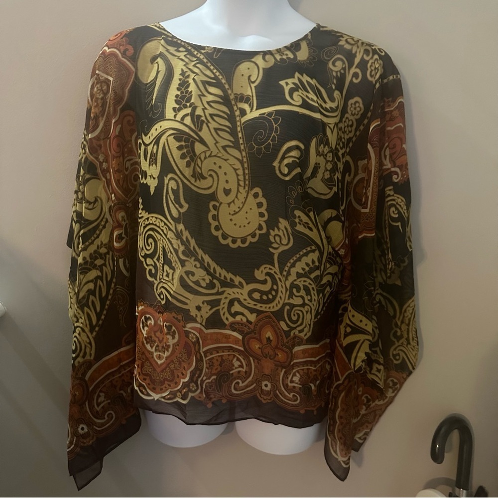 Susan Graver Blouse 1X Sheer Pullover Boho Black Tan Red Orange Paisley Floral